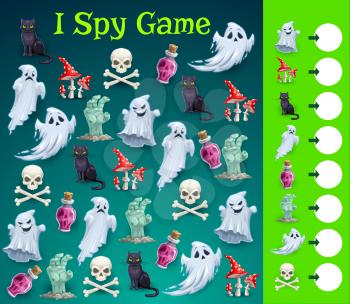 Kids Halloween I spy game with monster characters. Child counting activity, vector educational riddle with cartoon scary ghosts, black cat and zombie hand, human skull, mushroom and magic potion