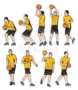 Basketball defender, forward and center players with ball. Basketball player shot move positions sequence with ball, catch, aim and throwing stages. Sport game players vector character in uniform