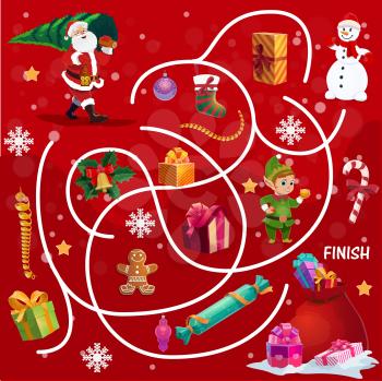 Child Christmas search way game or maze. Children find path activity, kids labyrinth game with Santa Claus carrying Christmas tree, elf and snowman, holiday gifts, sweets and snowflakes cartoon vector