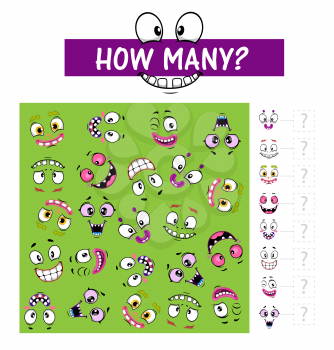 Counting game or puzzle with monster faces, vector children education. Counting math tasks for school and preschool kids, find and count how many cartoon emoticons of cute vampire, alien or zombie