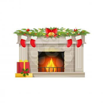 Christmas fireplace with socks for gifts on chimney, vector Xmas holiday fire. Christmas tree decorations, holly and candles with golden bell on ribbon, Santa presents stockings and snow on fireplace