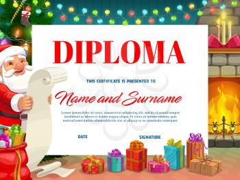 Diploma award or achievement certificate vector template with Christmas fireplace and Santa. Children education appreciation, school graduation diploma or winner honor with Xmas background frame