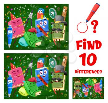 Find differences game worksheet with funny school books, pen and ruler, textbooks and stationery cartoon characters. Kids playing activity with differences finding, logical or educational puzzles
