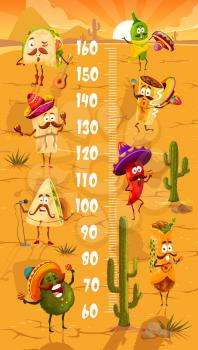 Kids height chart with cartoon mexican avocado, enchilada and quesadilla, tacos and burrito, churros characters. Children growth meter, child height measure vector ruler with mexican fast food meals