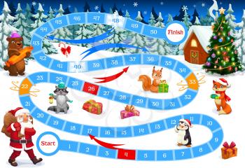 Board game with Christmas path puzzle vector template. Winter holiday background with dice boardgame, numbered steps and arrows, cartoon Santa Claus, Xmas tree and gifts, animals and present boxes