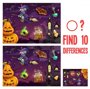 Find differences kids halloween game or riddle. Child educational activity, educational exercise with details compare playing task. With on broom, Halloween pumpkins and magic potions cartoon vector