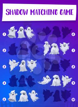 Halloween game of ghost shadow matching vector template of children education. Kids puzzle with task of find, match and connect correct silhouettes of horror holiday scary ghosts and phantoms