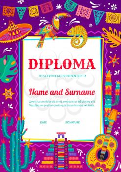 Kids diploma certificate with mexican sombrero, chameleon and toucan, guitar, cactuses. Children education diploma, vector certificate template with mexico culture symbols, animal and plant ornaments