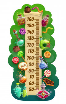 Kids height chart. Halloween scroll with sweets. Children growth cartoon vector measuring meter with magic potions bottles, Halloween holiday treats and ruler on parchment, candies and cookies