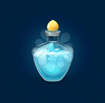 Witchcraft bubble potion bottle with frozen ice cubes. Magic potion, alchemist elixir vial or wizard, witch spell corked bubble. Fantasy game vector object, user interface icon