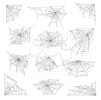 White sticky cobweb and spider web. Halloween holiday horror isolated decorations, scary background or creepy vector design elements with hanging cobweb, spider web traps patterns