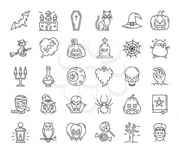 Halloween ghost, pumpkin and witch, spider web and scary characters, vector outline icons. Halloween cat and bat with spooky candy and horror monsters, witch hat and skull with candle for creepy party
