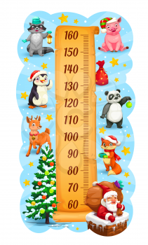 Kids height chart with Christmas and New Year holiday symbols. Children vector growth measure meter with cute cartoon animals, decorated toys Christmas tree and Santa Claus with gits sack in chimney