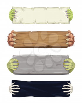 Vampire, werewolf, skeleton and zombie cartoon hands with banners and scrolls. Halloween monsters characters fingers with talons holding parchment scroll, wooden plank and stone plate, piece of fabric