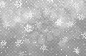 Christmas snowflakes or Xmas snow on transparent background. Vector pattern of New Year winter holiday snowfall texture, falling snow flakes, cold ice and crystal frost, snowy weather or snowstorm