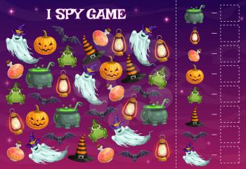 I spy kids game with Halloween characters, vector educational puzzle. Development of numeracy skills and attention, cartoon riddle page. Math worksheet for kindergarten, school, preschool children