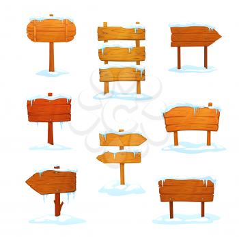 Winter wooden signs, cartoon signboards with snow and icicles, boards on wood poles. Vector arrows or road pointers. Blank vintage plank panels for ui design, game menu or pub entrance