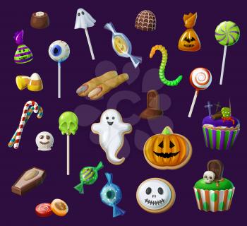 Halloween sweets, lollypops and candies, cupcakes, candy corn and witch fingers. Halloween creepy treats set, scary chocolate candies and cookies with skull, ghost and pumpkin, eye, worm and grave,