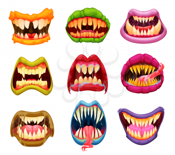 Cartoon monster mouth, teeth and tongue, jaws with sharp fangs. Halloween masks with horror creatures, beasts or monsters scary maws, scary zombie or ghoul, vampire opened mouth with dripping saliva