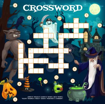 Cartoon Halloween characters crossword grid or find word vector quiz with werewolf, sorcerer, pirate ghost and pumpkin lantern. Kids game worksheet riddle with cross words for Halloween monsters