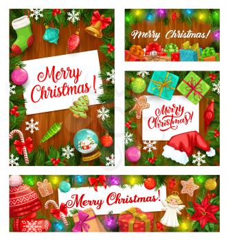 Christmas gifts and Xmas tree garland vector frames, winter holidays design. Presents, Christmas bell and snowflakes, candy canes, balls and gingerbread, stocking, bows and lights on wooden background
