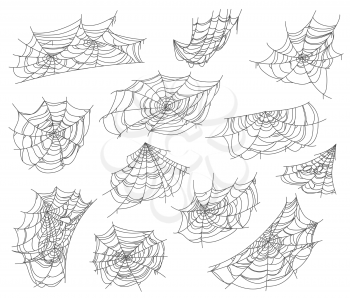 Halloween isolated spiderweb and cobweb nets set. Spiders hanging and waving on wind sticky web traps. Halloween holiday vector horror decorations and creepy design elements set