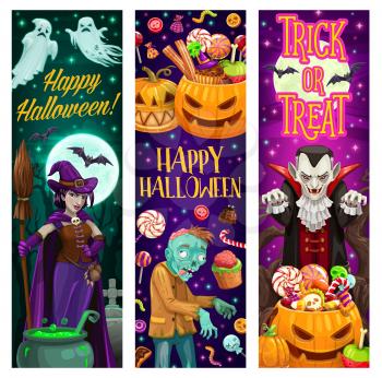 Happy Halloween trick or tread banners with monsters and sweets. Witch with broom, zombie and dracula vampire characters, pumpkin filled with candies cartoon vector. Halloween party or sale posters