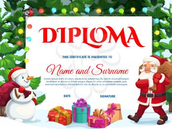 Education diploma or achievement certificate with vector background frame of cartoon Christmas tree, gifts, Santa and snowman. Award of school graduation, appreciation diploma and winner honor gift