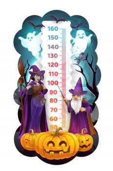 Halloween kids height chart with cartoon wizard and witch. Child growth measure vector scale with Halloween monsters, ghosts and bats, Jack o lantern pumpkin, raven on tree and fantasy sorcerers