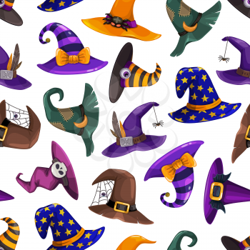 Cartoon wizard, sorcerer and witch hats seamless pattern. Halloween vector background, fairytale hats and caps wallpaper or wrapping paper print with eyeball, spider web and skull, feather, buckle