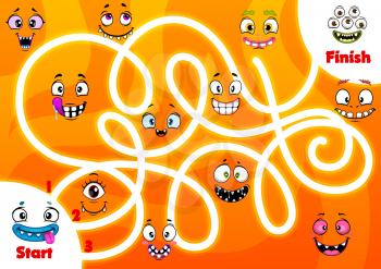Child labyrinth game with funny monsters faces. Kids find path activity, children search way game vector template with cartoon smiling halloween monsters, cute creatures toothy maws and eyes