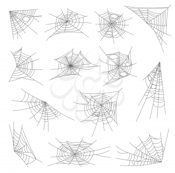 Halloween spiderweb and cobweb nets set. Isolated Halloween holiday decorations, horror background or scary vector corners with hanging sticky and creepy spider webs patterns collection