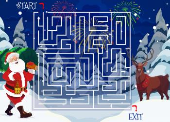 Christmas maze or labyrinth game with cartoon vector Santa, children education puzzle design. Square maze with find right way or path task on background with Xmas tree, reindeer and Santa Claus
