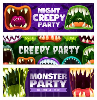 Creepy party night vector flyers with monster roar mouths. Halloween horror night event invitation cards with open toothy jaws with sharp teeth, dripping gooey saliva and tongues, cartoon banners set