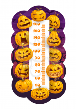 Halloween cartoon pumpkins kids height chart. Vector growth meter wall sticker design with funny jack-o-lantern characters. Children height measurement scale with funny pumpkin on cemetery background