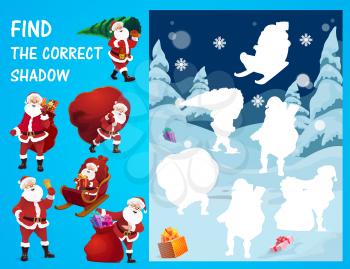 Children Christmas game or puzzle vector template with find and match correct shadow of Santa cartoon characters on background with Xmas winter holiday forest. Kid education, silhouette matching game