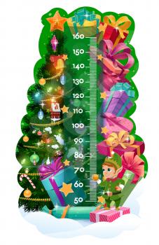 Kids height chart, Christmas tree, gifts and cute elf. Vector children stadiometer or growth measure meter with cartoon background of Xmas tree, present boxes, ribbon bows and stars with ruler scale