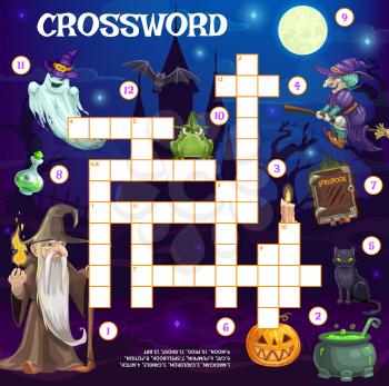 Holiday crossword grid, Halloween cartoon witch, wizard, ghost and spell book with cauldron pot, vector. Find word kids game or worksheet riddle of cross words with Halloween pumpkin lantern and bats