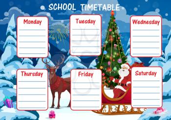 Education school timetable vector template with cartoon Santa Claus sit in sledge with reindeer near Christmas tree. Kids time table with xmas characters, schedule for lessons, weekly planner frame