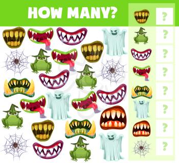 Children Halloween I spy game template with counting task. Kids exercise, child educational activity or math riddle worksheet with cartoon monsters toothy maws, spooky ghost and frog, spider on web