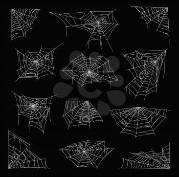 White sticky cobweb and spider web. Halloween holiday vector decorations, horror background or creepy corners set with hanging scary spider webs, poisonous insect or bug trap