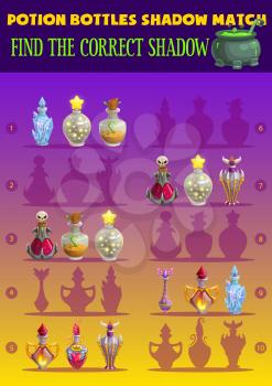 Potion bottles shadow match kids game with magician flasks. Find correct shadow children logic activity. Cartoon educational worksheet with magic bottles, child riddle for logical mind development
