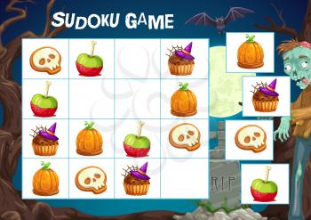 Child sudoku game with halloween treats. Kids logical exercise, children puzzle playing activity. Cartoon vector cookie with skull icing, chocolate muffin and apple, pumpkin candy, zombie and bat