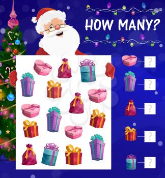 Children counting game with Christmas gifts and Santa. Child how many activity, kids game with calculation task. Winter holiday gifts, wrapped and decorated presents, Christmas tree cartoon vector