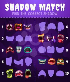Kids game shadow match with monster mouths, children logic activity, preschool or kindergarten education with halloween creepy roar toothy maws. Cartoon worksheet, riddle for logical mind development