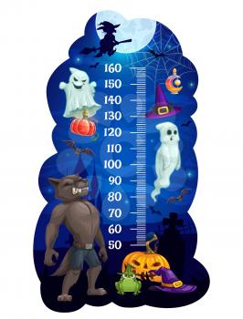 Kids height chart with Halloween monsters, vector growth measure meter and children stadiometer with ruler scale. Cartoon Halloween pumpkins, ghosts, bats and witch, horror haunted house and cemetery