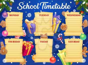 Children Christmas holiday school timetable template. Child New year celebration planner, kids lessons weekly schedule. Wrapped gifts, sweets and toys, Christmas tree ornaments baubles cartoon vector