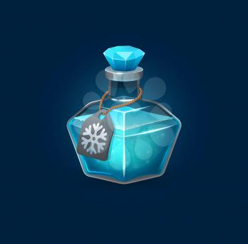 Witchcraft glass potion bottle with freeze spell, cartoon vector game asset. Blue magic potion of witch or poison drink in jar to ice freeze, wizard alchemy elixir glass flask with crystal bung cork