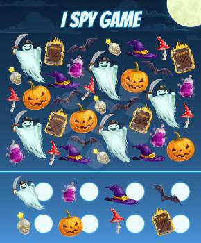 I spy educational game for kids with Halloween characters and items, vector puzzle. Math worksheet for kindergarten, school, preschool. Development of numeracy skills and attention cartoon riddle page