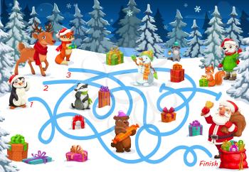 Christmas game or puzzle with vector maze or labyrinth map. Children education game, riddle or quiz of find right way between Xmas gifts, Santa, snowman, reindeer and forest animal cartoon characters